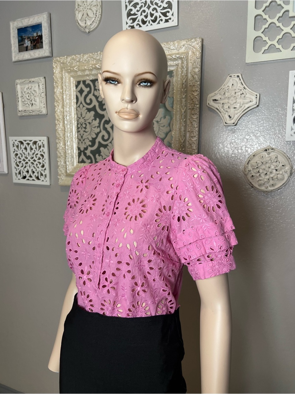 J. Crew Pink Eyelet Short puff Sleeve Blouse - Picture 4 of 13